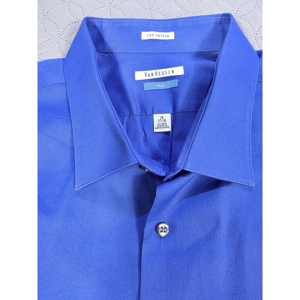 Van Heusen Lux Sateen Dress Shirt Mens 19 37/38 Tall Royal Blue NoIron Button Up - Picture 2 of 6